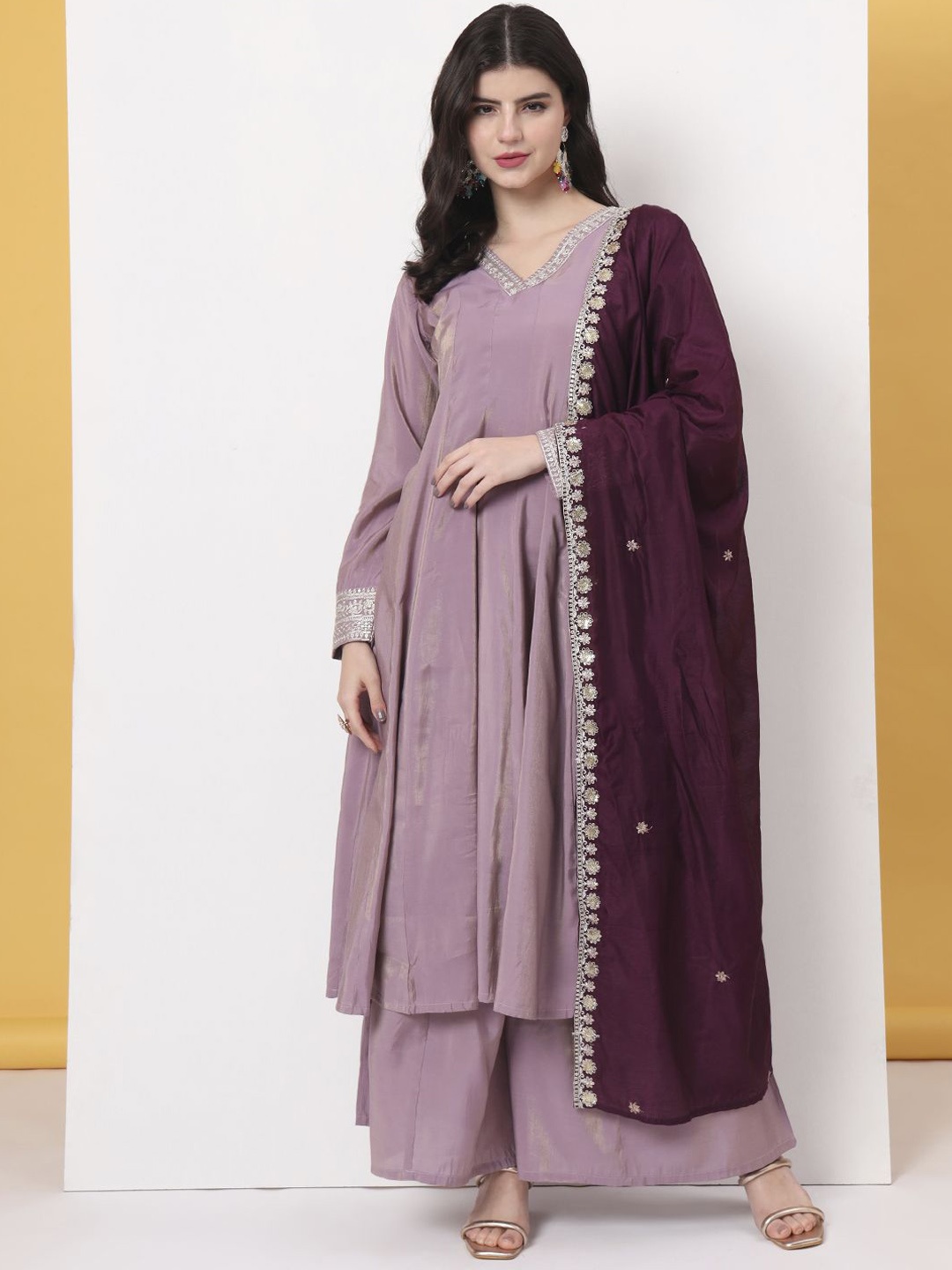 

Yufta Women Embroidered Pleated Thread Work Kurta with Palazzos & With Dupatta, Purple