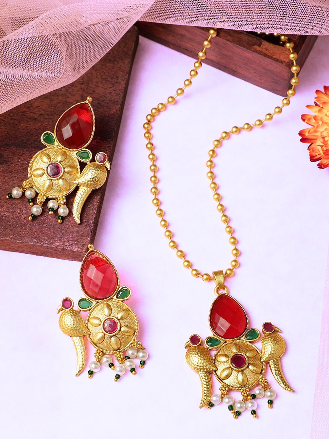 

ORANGENYSHA Gold-Plated Kundan-Studded & Beaded Jewellery Set, Multi