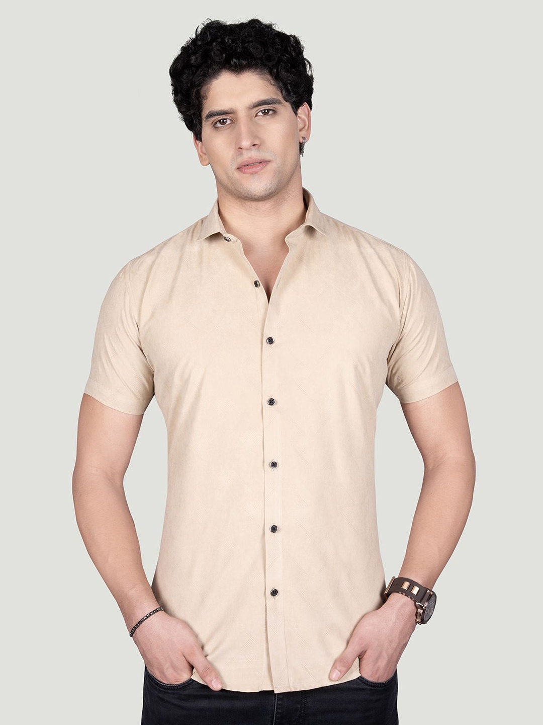

ALMATY Men Comfort Slim Fit Opaque Casual Shirt, Beige