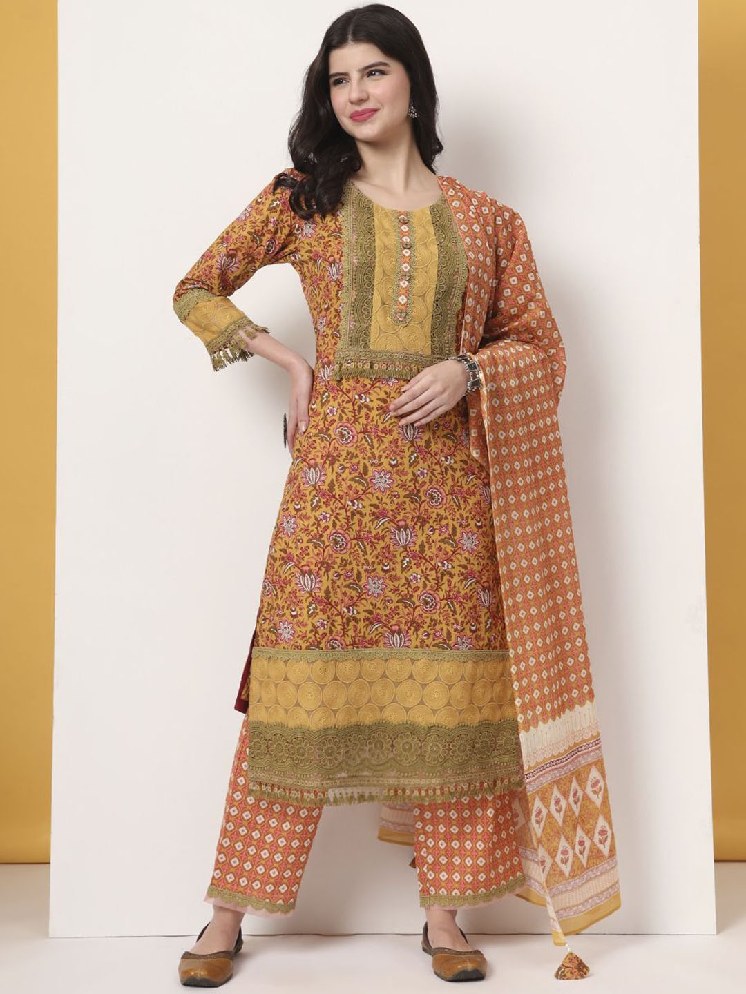 

Yufta Women Floral Printed Regular Thread Work Pure Cotton Kurta with Trousers & With Dupatta, Yellow