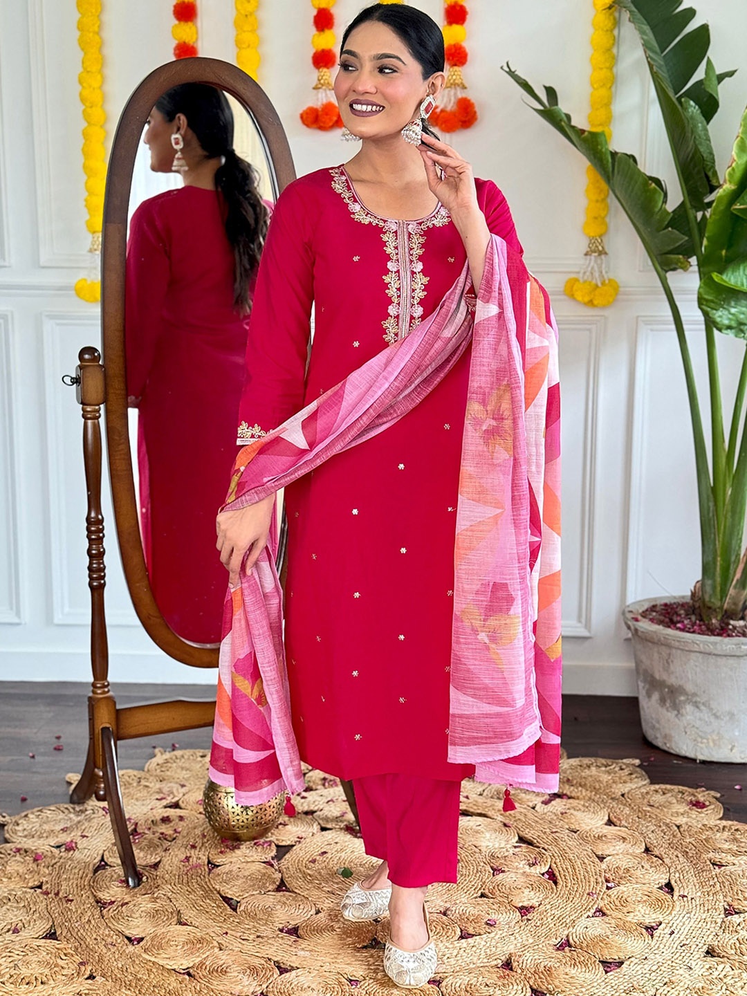 

KALINI Floral Embroidered Sequinned Chanderi Silk Kurta With Trousers & Dupatta, Pink