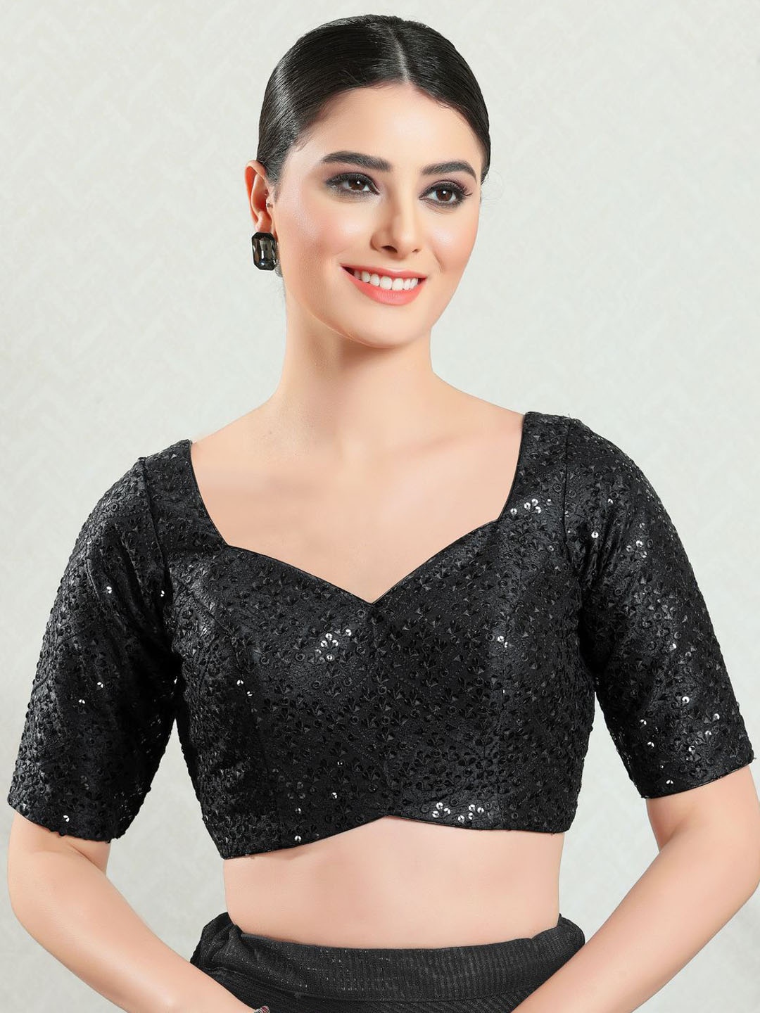 

VAMAS - THE DESIGNER BLOUSES Embroidered Silk Women's Sweetheart Neck Padded Saree Blouse, Black