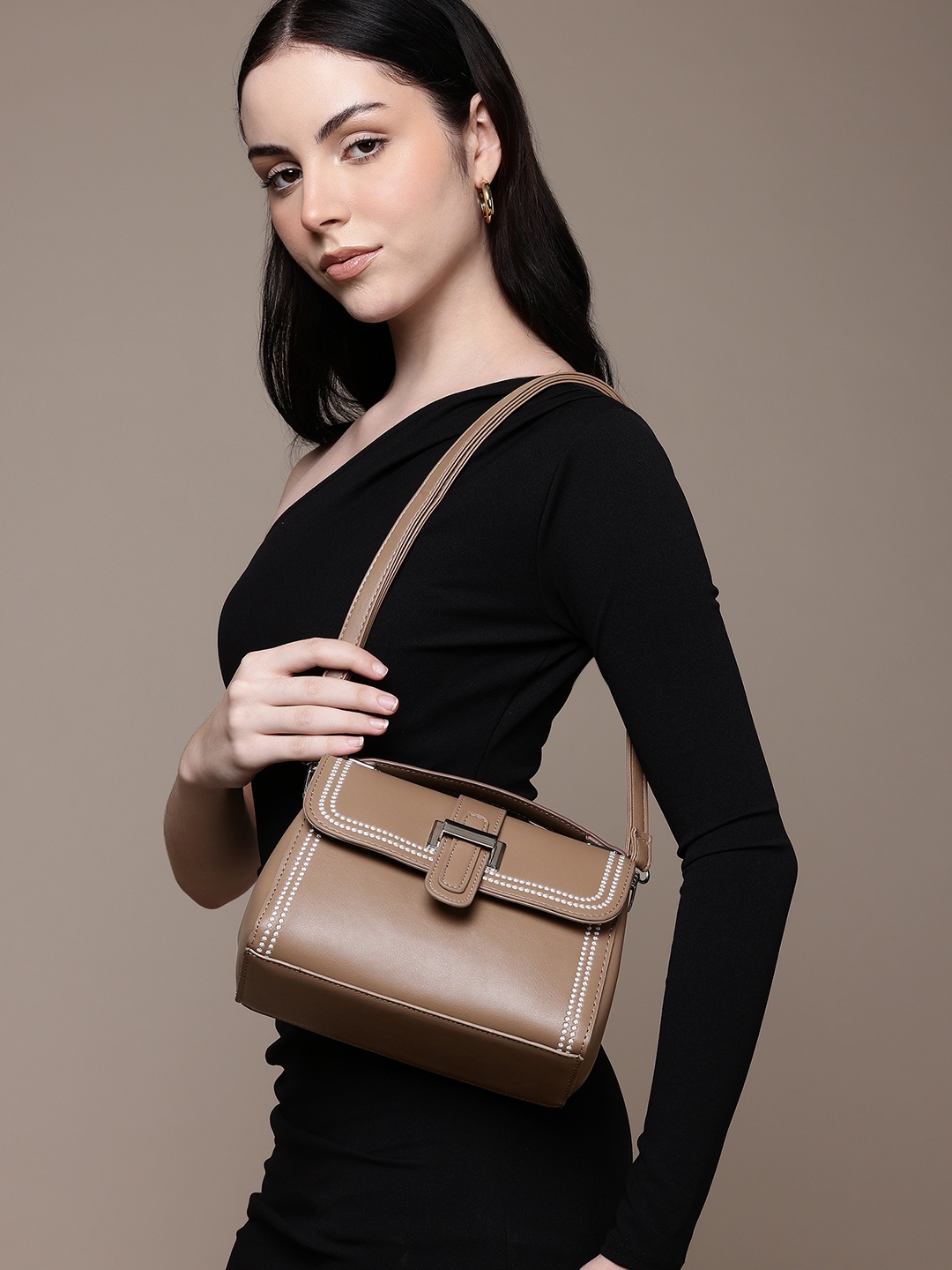 

French Connection PU Structured Satchel Bag, Taupe
