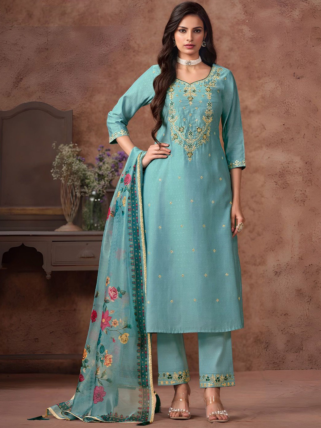 

Varanga Women Floral Embroidered Regular Kurta with Trousers & With Dupatta, Blue