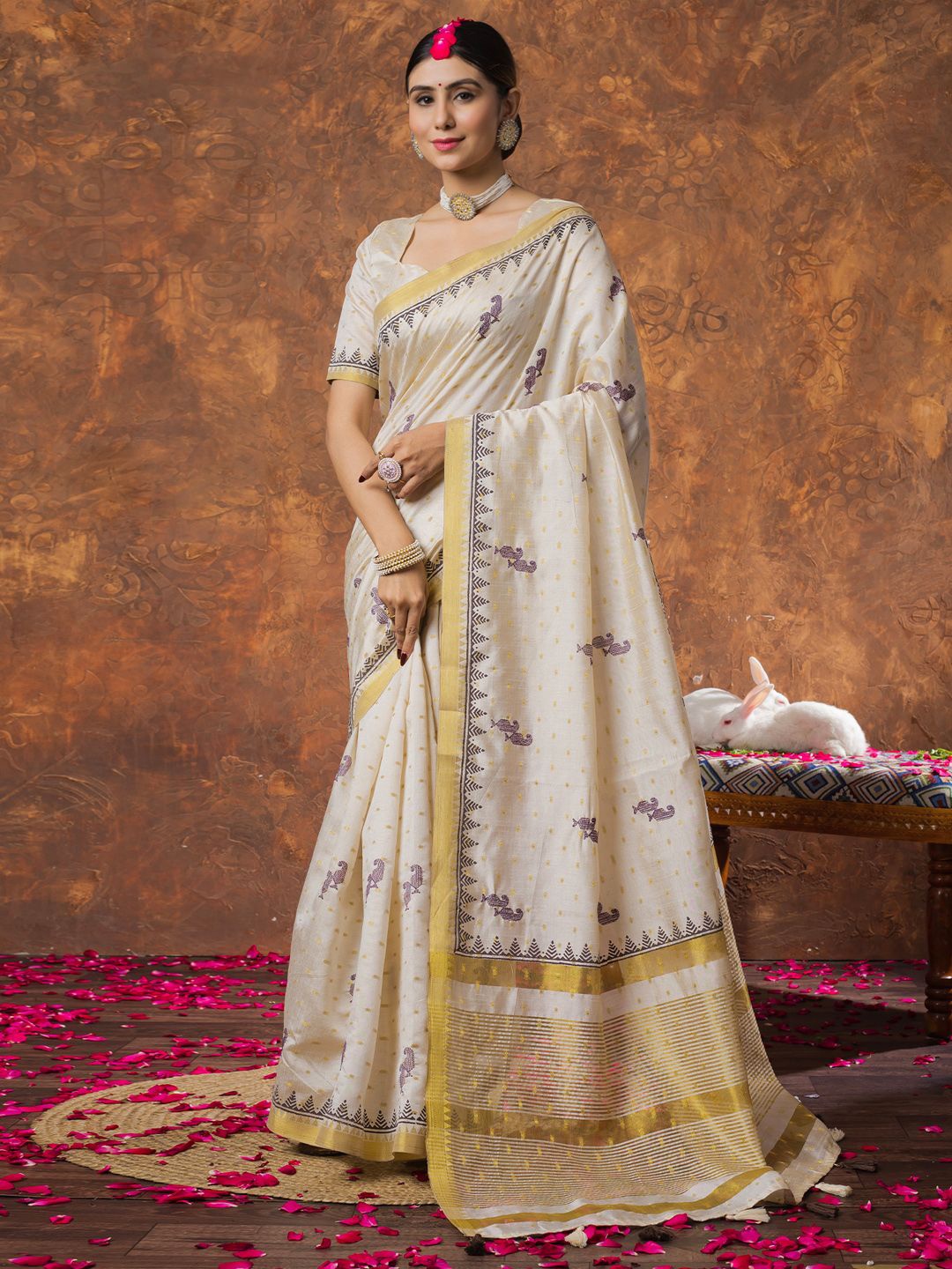 

Saree mall Woven Design Zari Linen Blend Kasavu Sarees, Cream