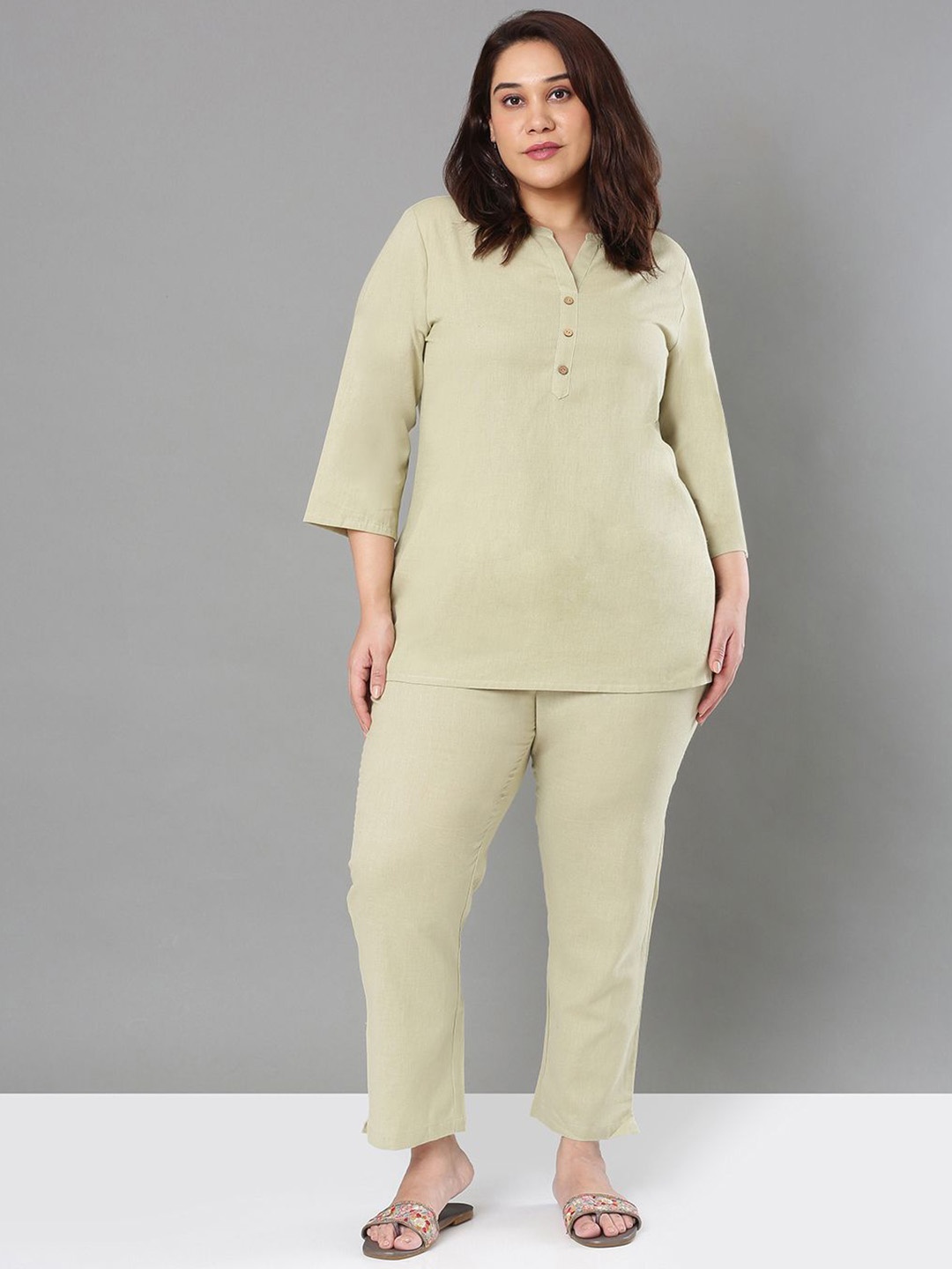 

Sztori Pure Cotton Mandarin Collar Top With Trousers Co-Ords, Beige