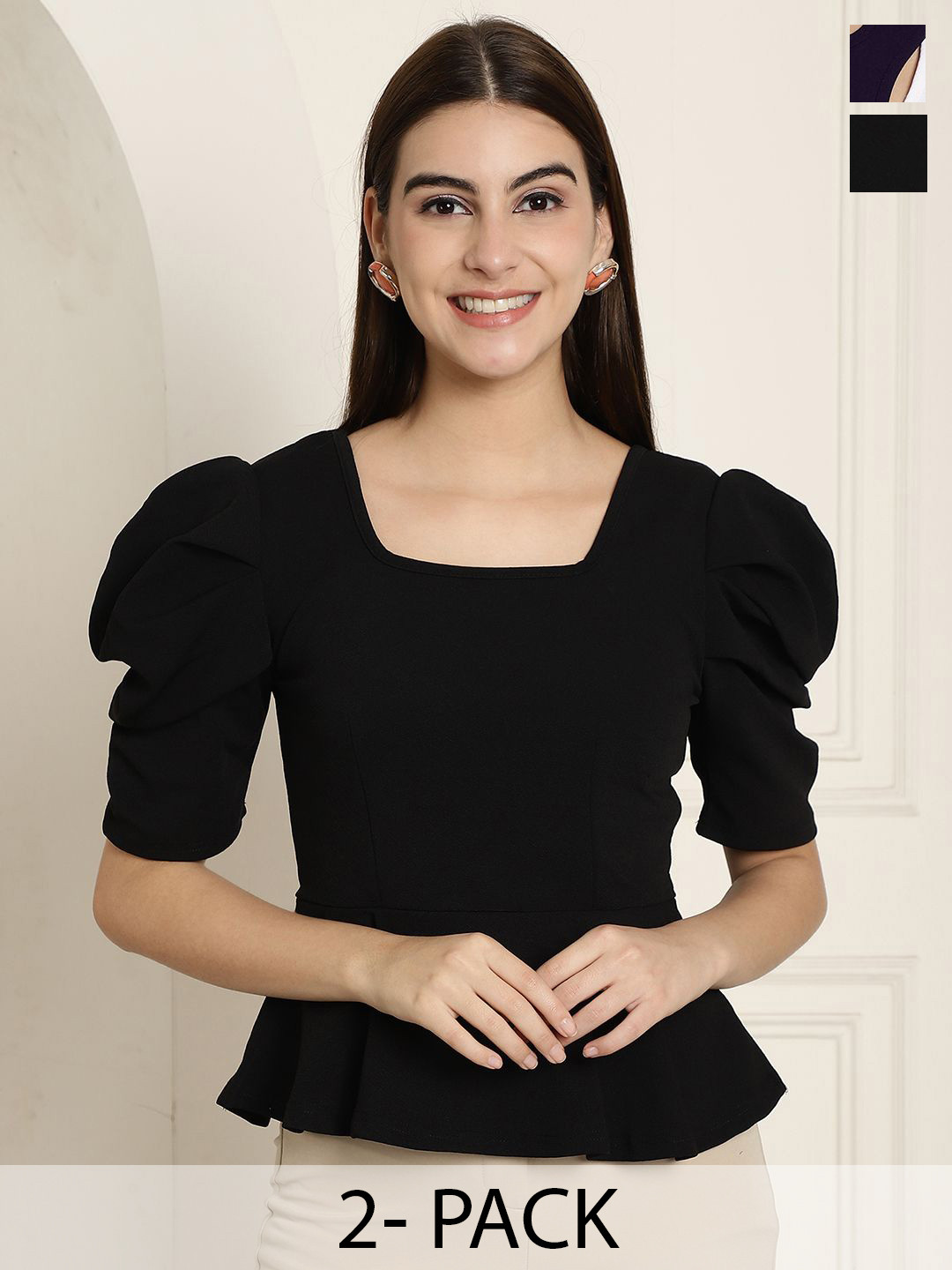 

Tromko Women Pack Of 2 Puff Sleeve Peplum Top, Black