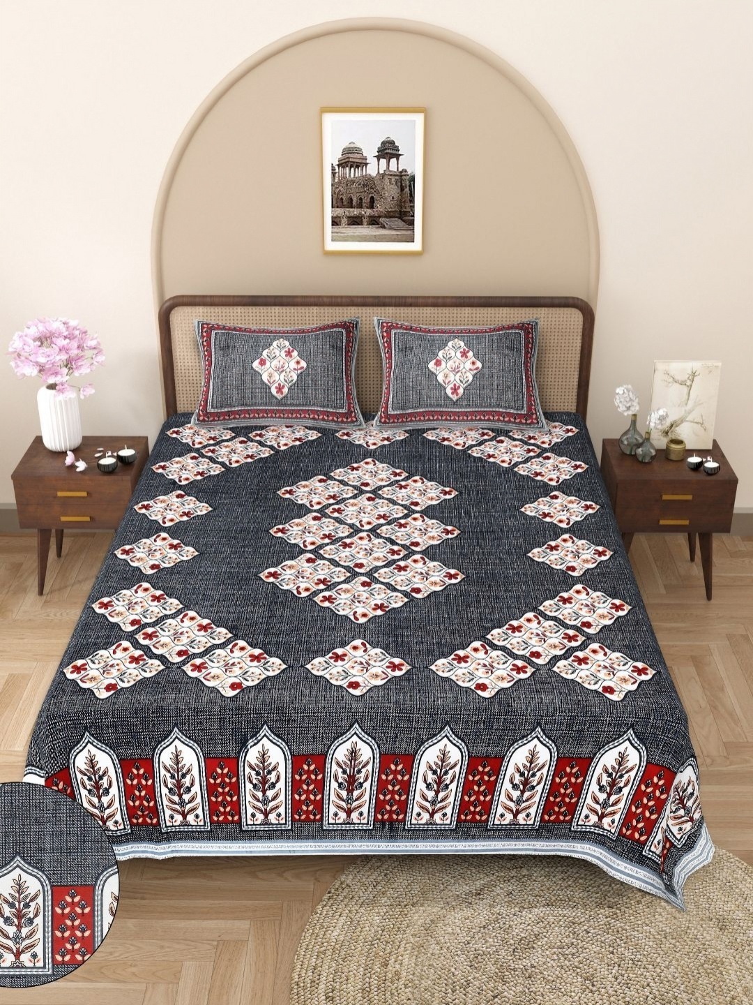 

COLOURSBLOCK Grey & White Floral 144 TC Queen Bedsheet with 2 Pillow Covers