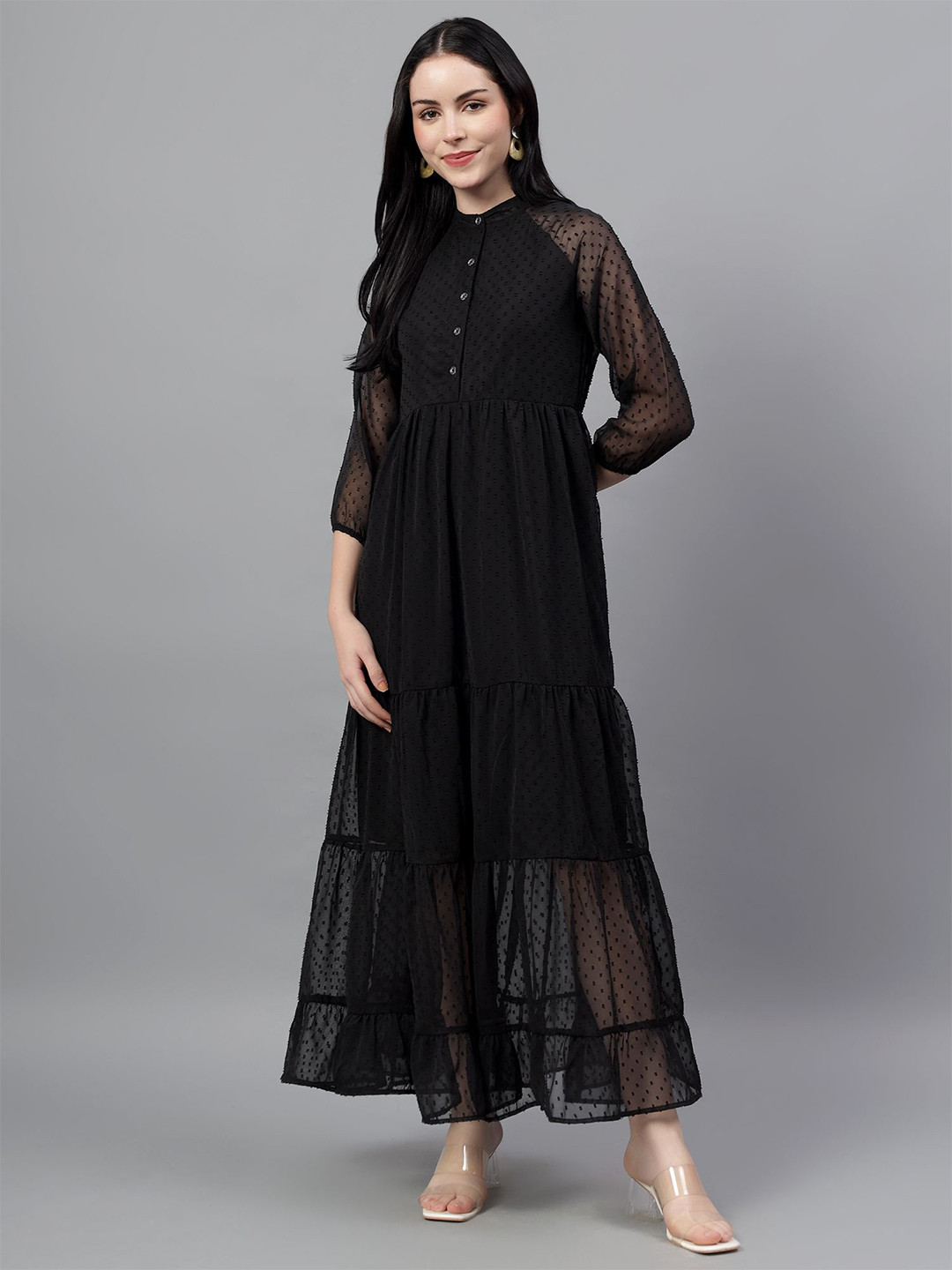 

Bright Nex Puff Sleeve Fit & Flare Maxi Dress, Black