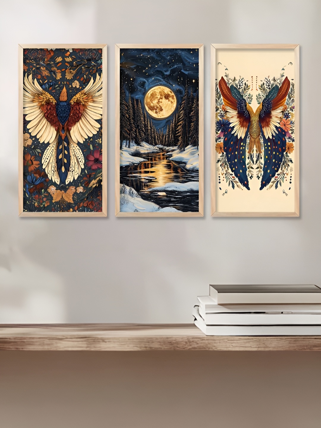 

WALLLANE Brown & Teal 3 Piece Wood Abstract Wall Paintings