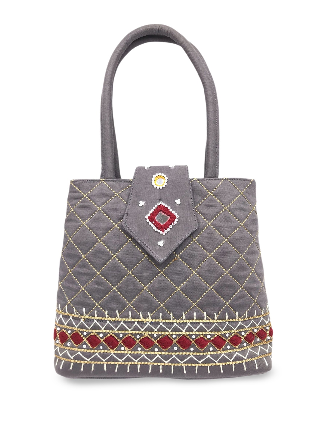 

SriShopify Handicrafts Ethnic Motifs Embellished Shopper Handheld Bag, Grey