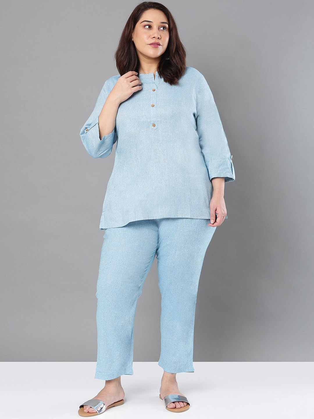 

Sztori Pure Cotton Mandarin Collar Top With Trousers Co-Ords, Blue