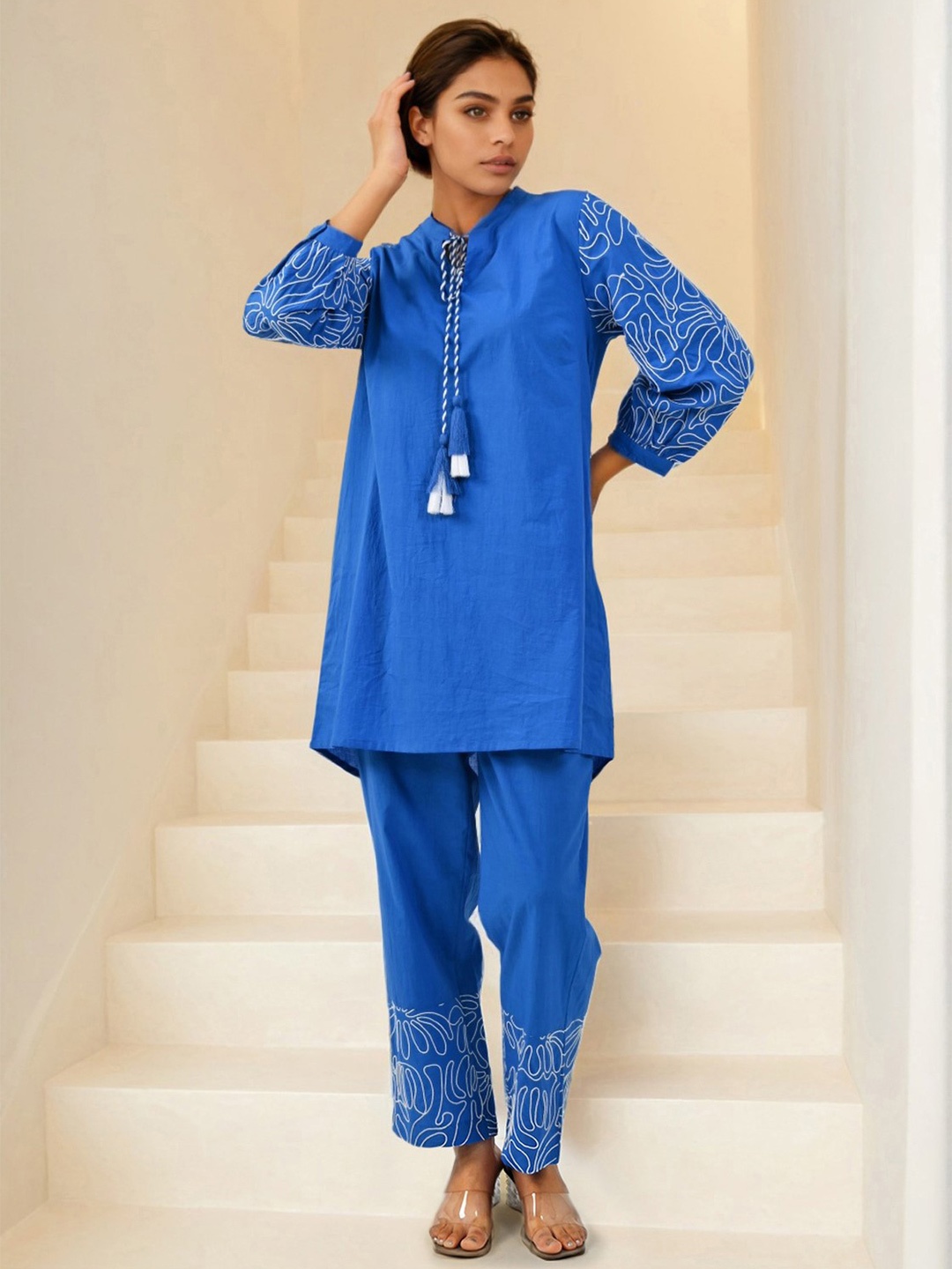 

AUTUMN LANE Ubud Ocean Embroidery Pure Cotton Tunic With Trousers Co-Ords, Blue