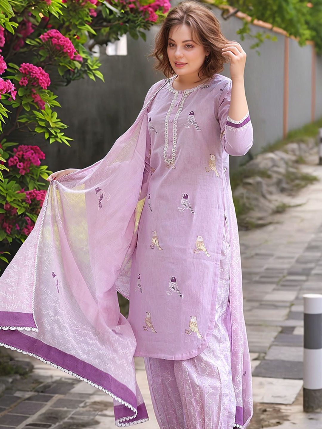 

Anni Designer Quirky Embroidered Thread Work Straight Kurta With Salwar & Dupatta, Purple