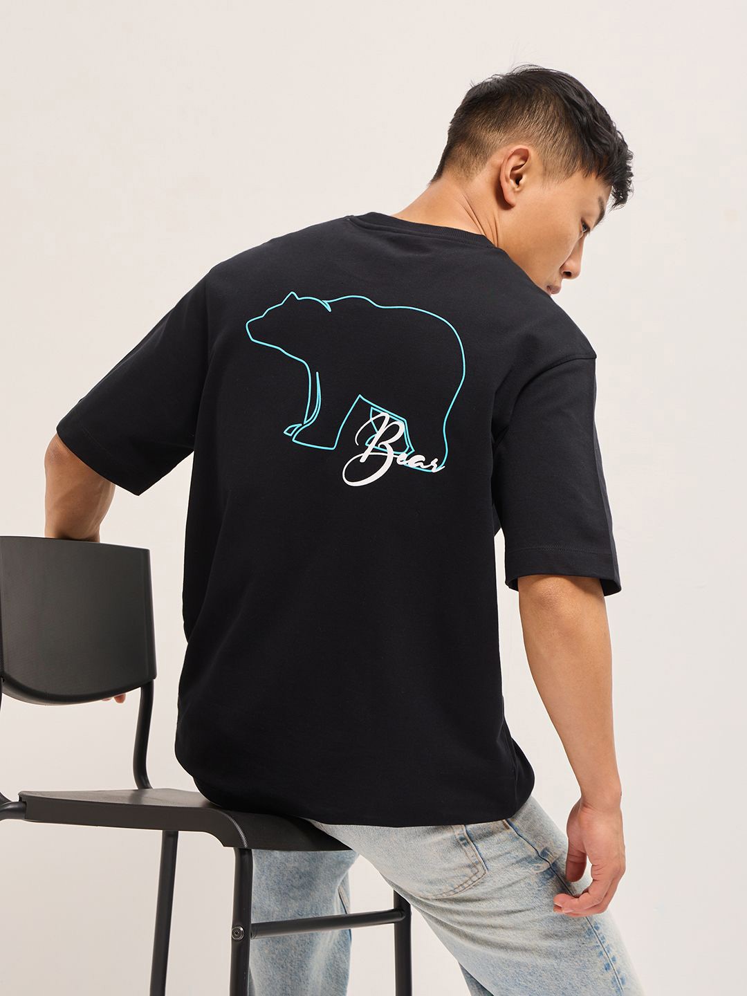

THE BEAR HOUSE Men Polo Collar Drop-Shoulder Sleeves T-shirt, Black