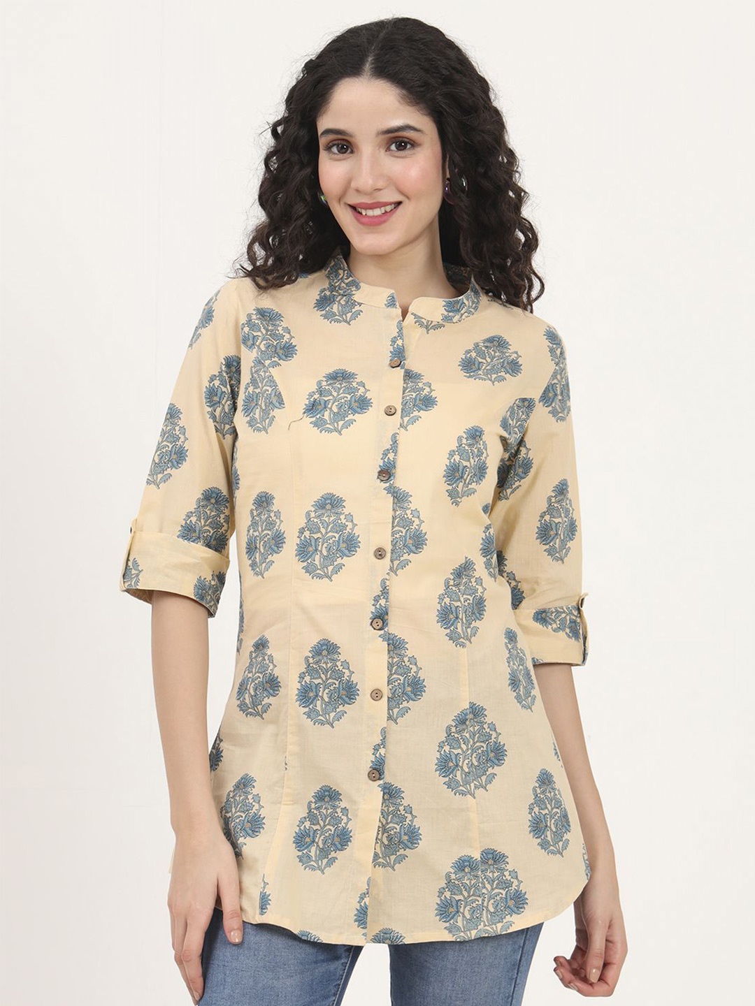 

KALINI Floral Print Mandarin Collar Roll-Up Sleeves Cotton Top, Beige