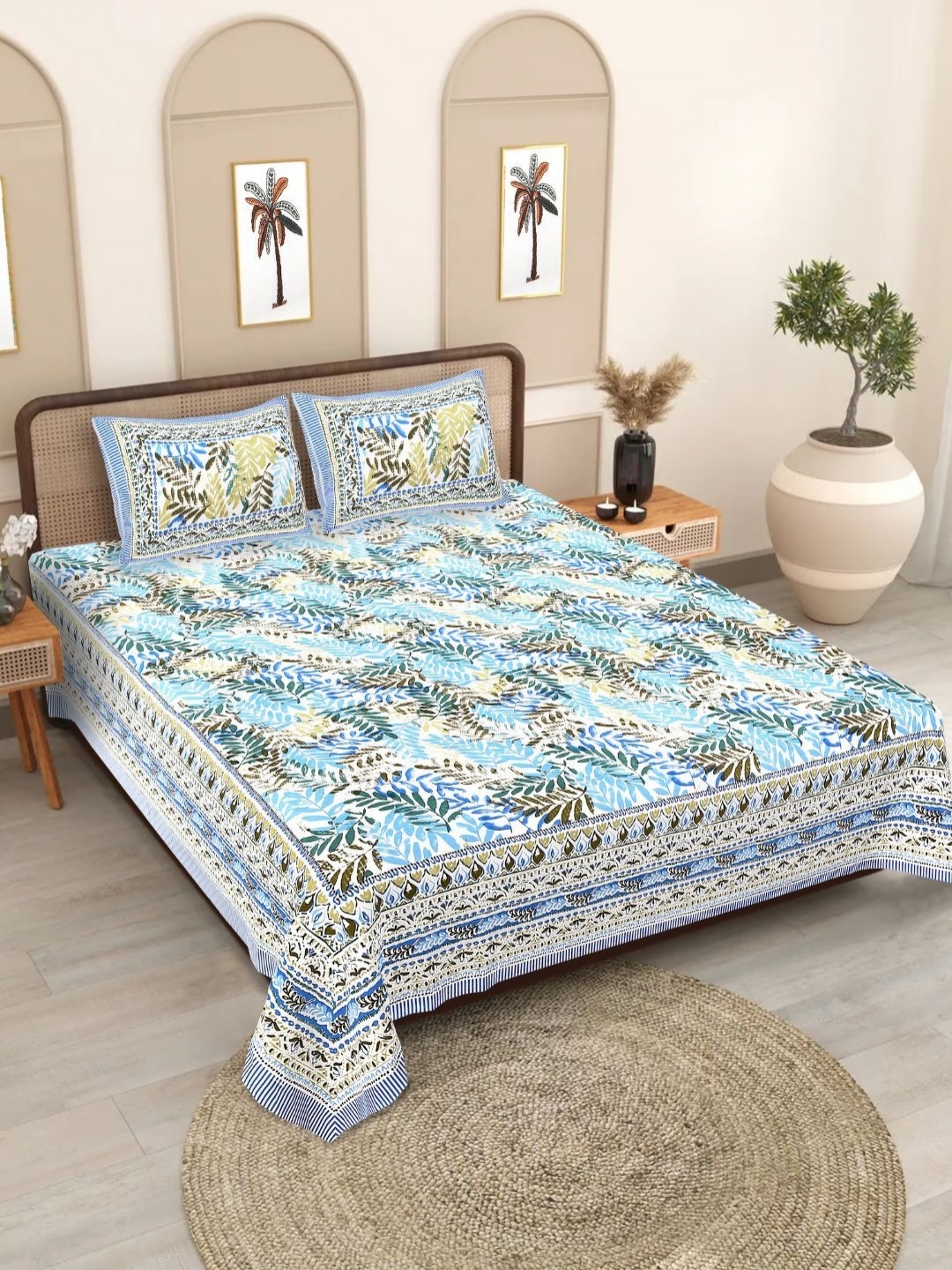 

COLOURSBLOCK Blue & Green Floral 180 TC King Bedsheet with 2 Pillow Covers