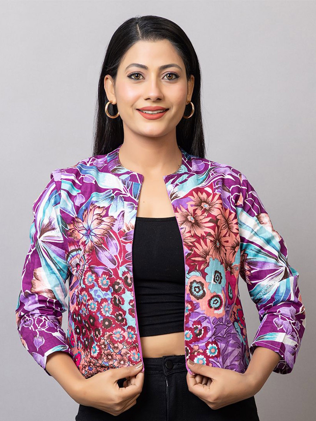 

PROBASIC Floral Print Cotton Denim Styled Back Crop Top, Purple