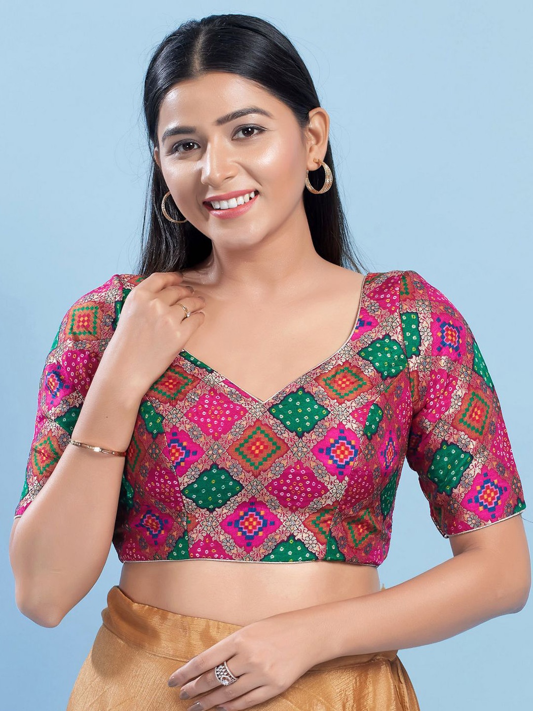 

VAMAS - THE DESIGNER BLOUSES Woven Design Brocade Sweetheart Neck Padded Saree Blouse, Pink