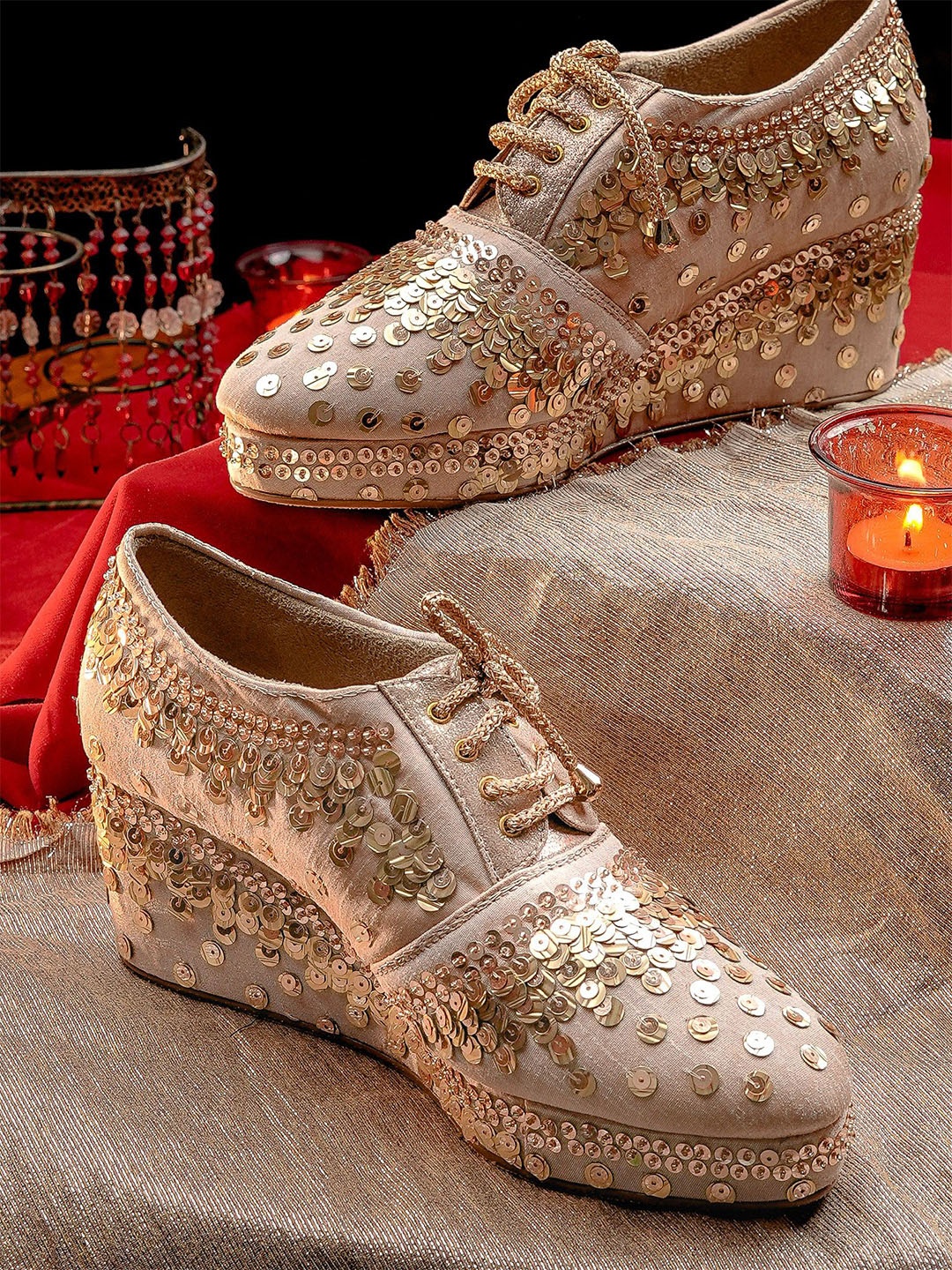 

NR By Nidhi Rathi Embellished Party Wedge Sandals, Rose gold