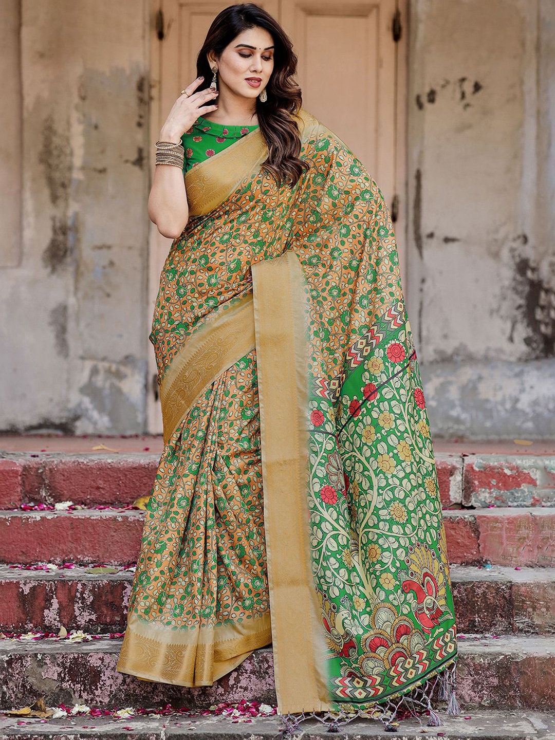 

DIVASTRI Kalamkari Zari Paithani Saree, Orange