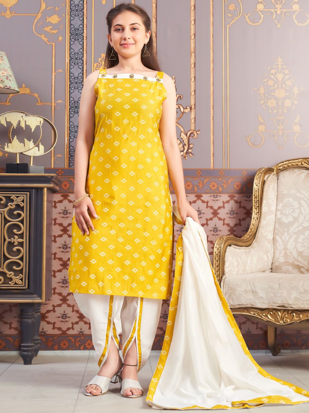 

BAESD Girls Ethnic Motifs Printed Pure Silk Kurta With Dhoti Pants & Dupatta, Yellow