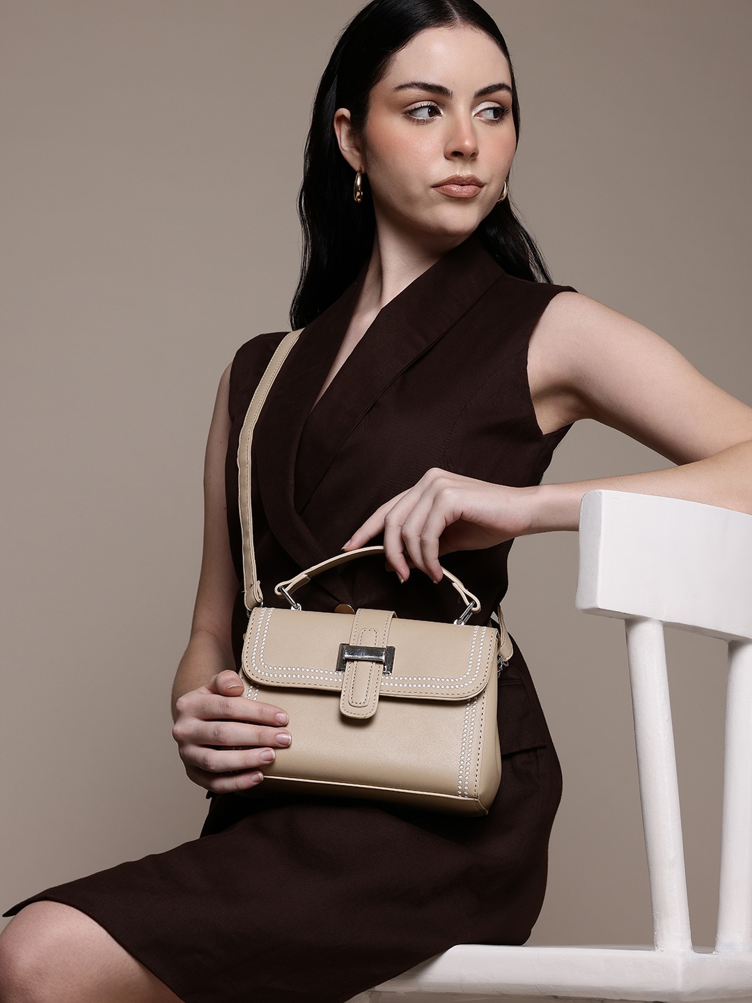 

French Connection Embroidered Satchel Bag, Beige