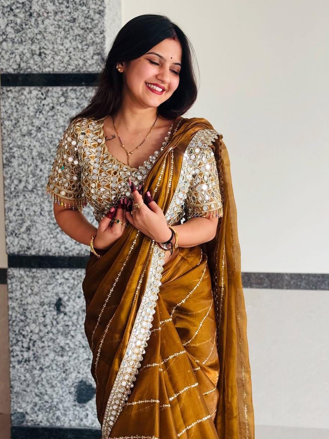 

MANSUBHA Ethnic Motifs Embroidered Banarasi Saree, Mustard