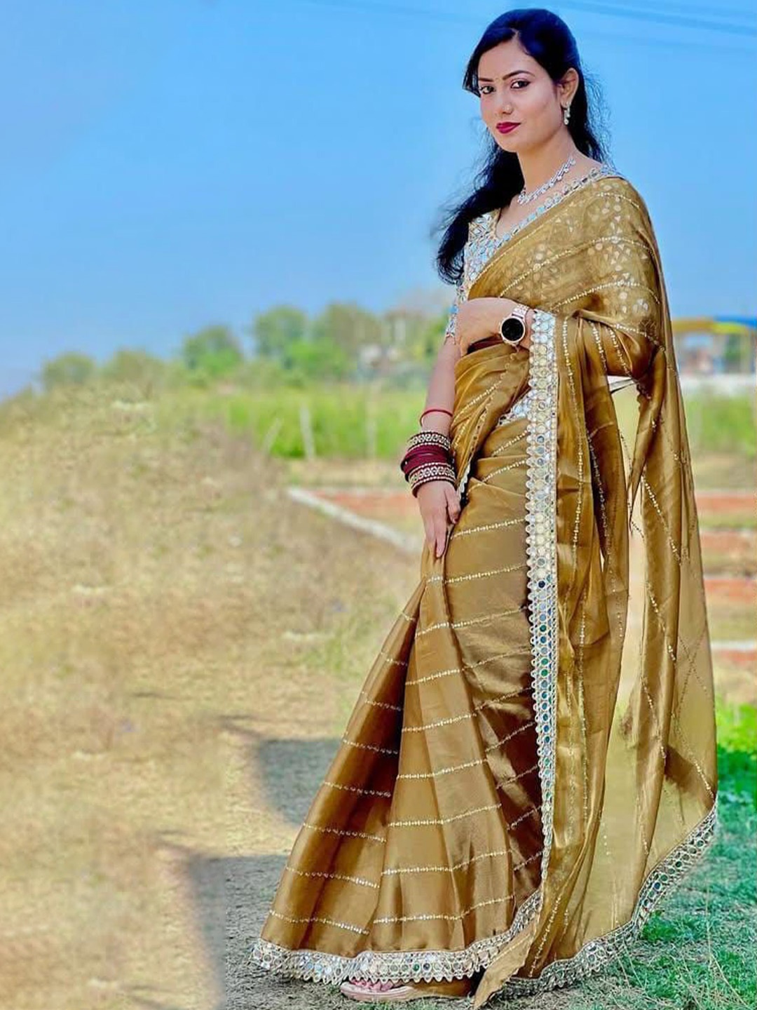 

MANSUBHA Striped Embroidered Tissue Banarasi Saree, Yellow