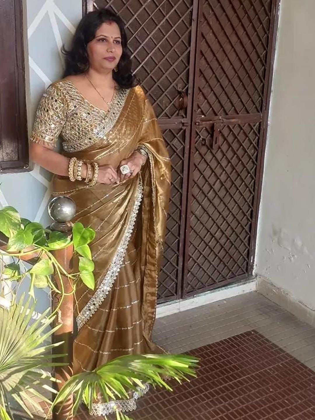 

MANSUBHA Nandaprema Striped Embroidered Mirror Work Tissue Saree, Mustard