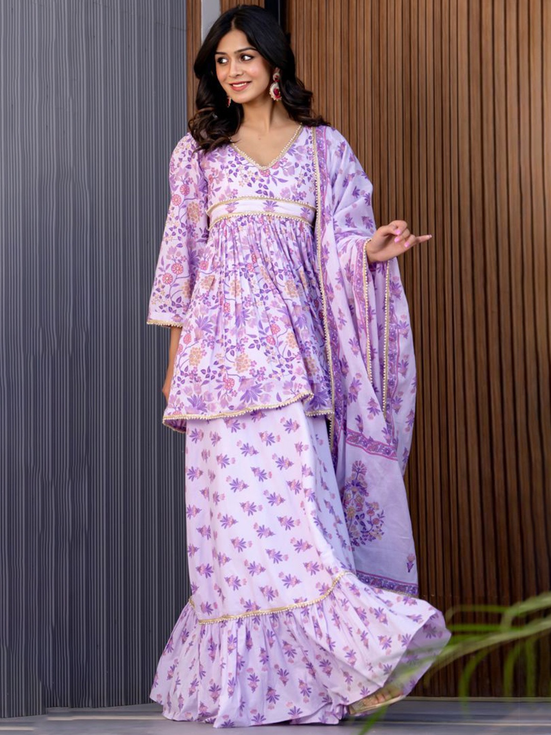 

HOUSE OF JAMOTI Women Floral Printed Empire Pure Cotton Top with Skirt & With Dupatta, Lavender