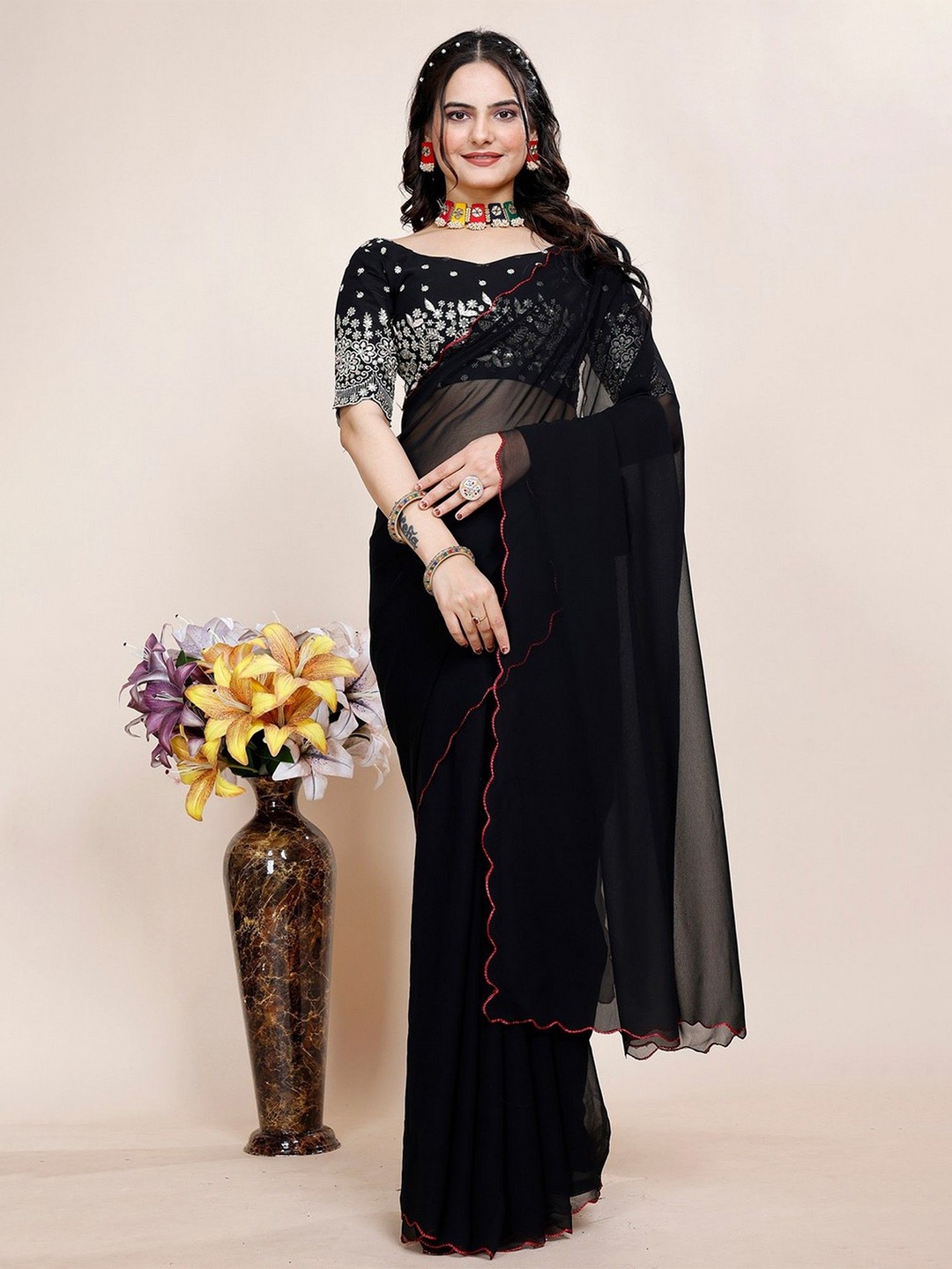 

K 5 Fashion Embroidered Pure Georgette Saree, Black