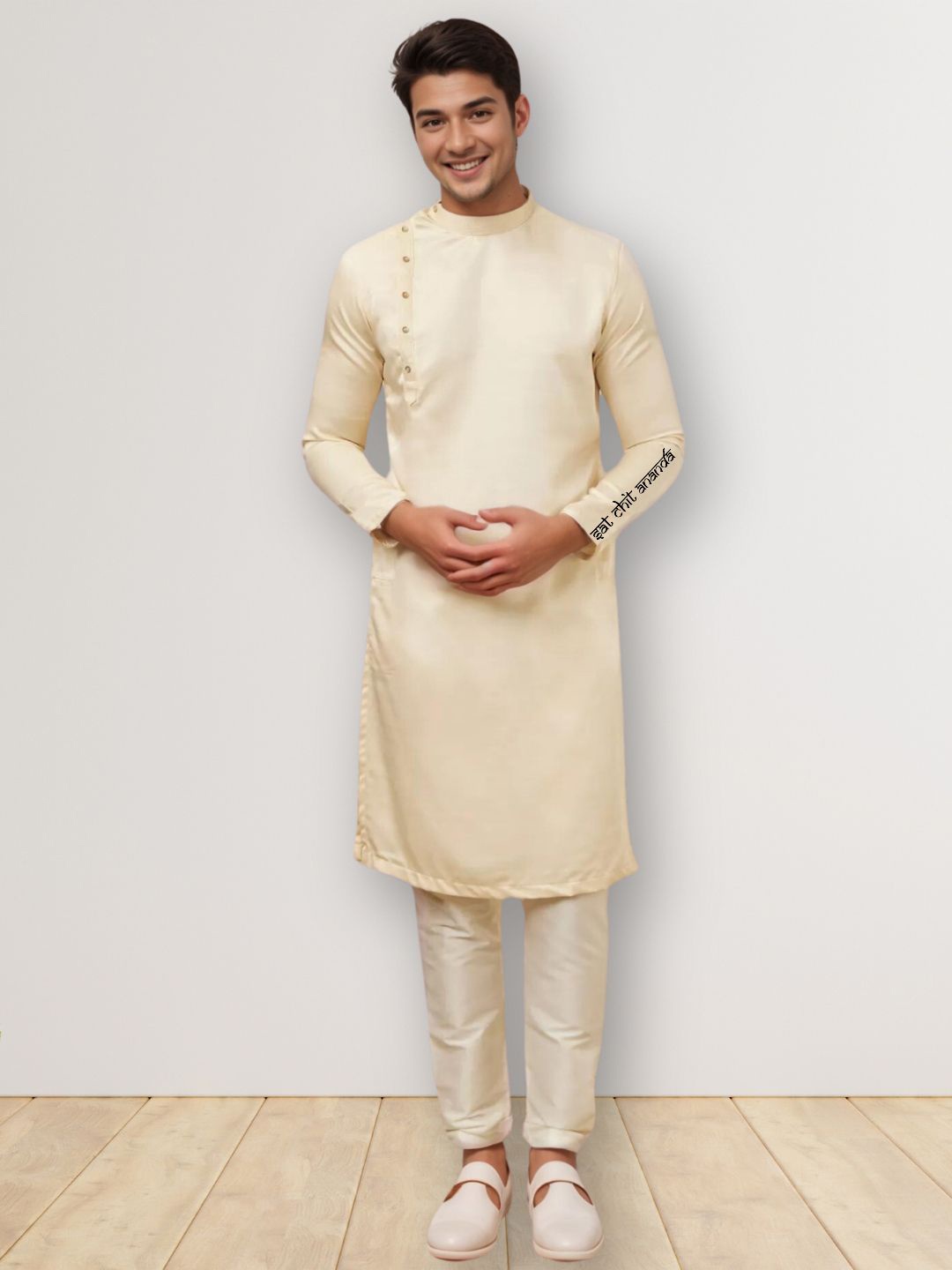 

DEVOILER Men Ethnic Motifs Printed Thread Work Kurta, Beige