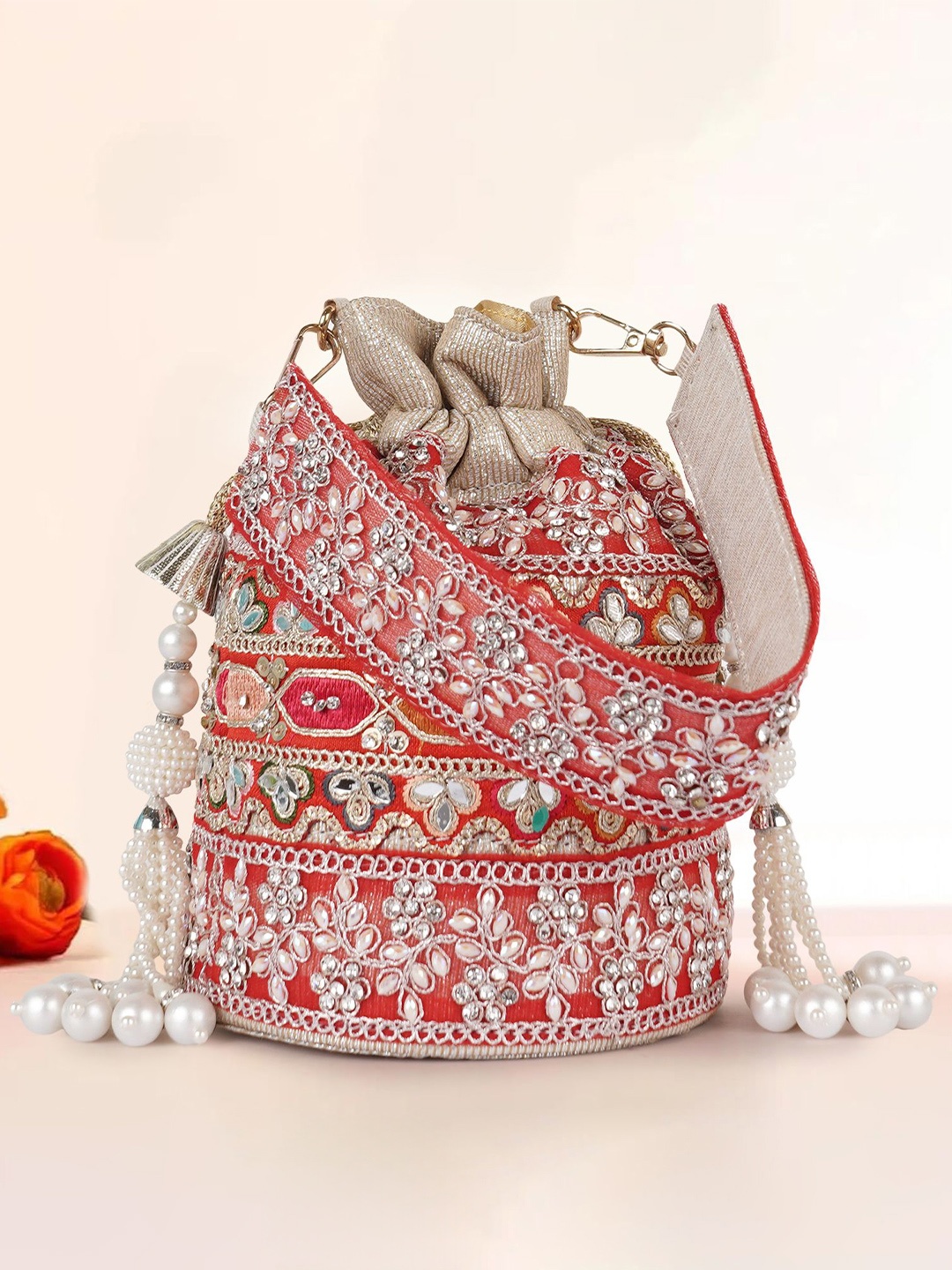 

PLANX Embroidered Potli Clutch, Red