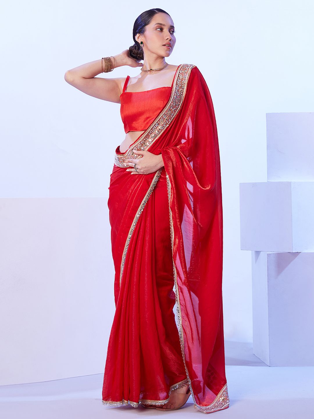 

Kalista Solid Mirror Work Pure Silk Saree, Red