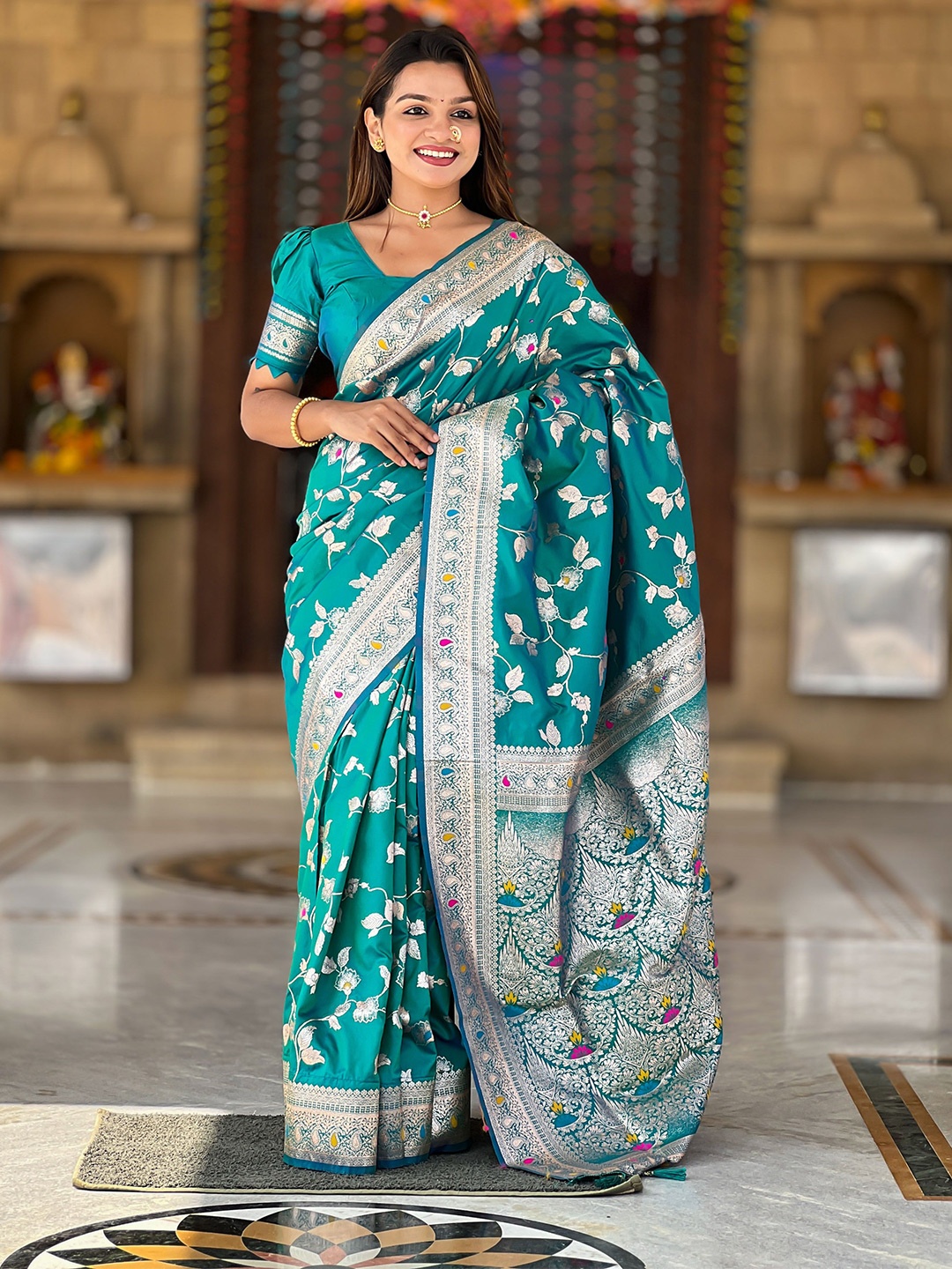 

Ekta Textiles Woven Design Zari Pure Silk Banarasi Saree, Turquoise blue