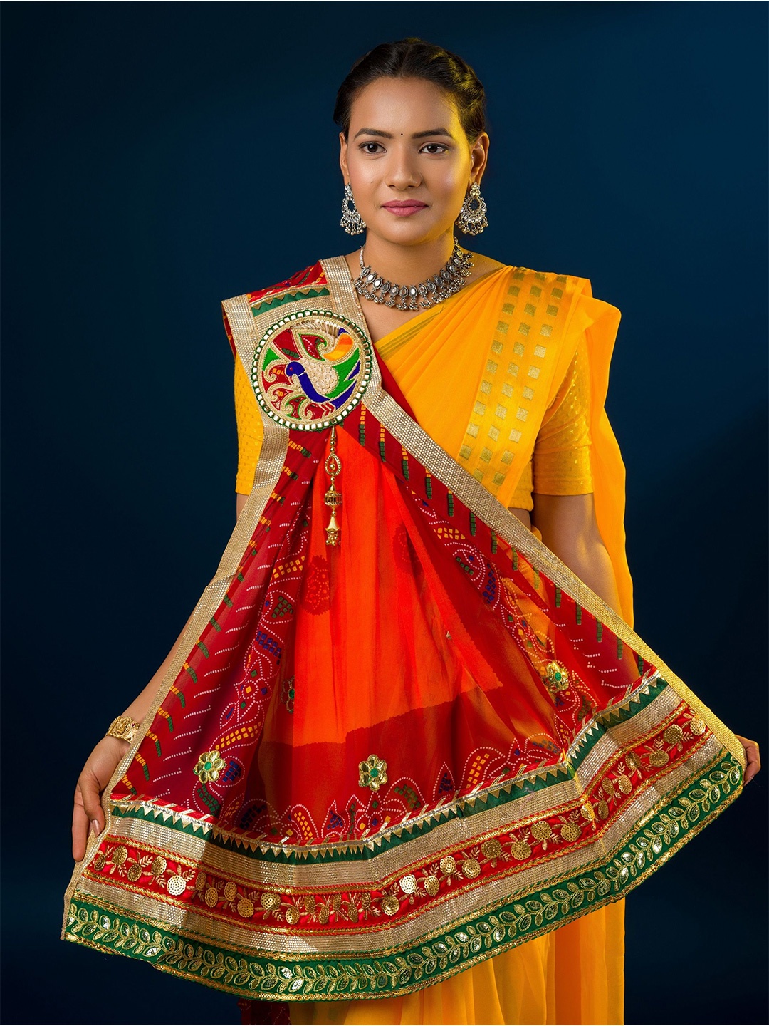 

KCPC BANDHANI Embroidered Bandhani Dupatta with Beads and Stones, Red