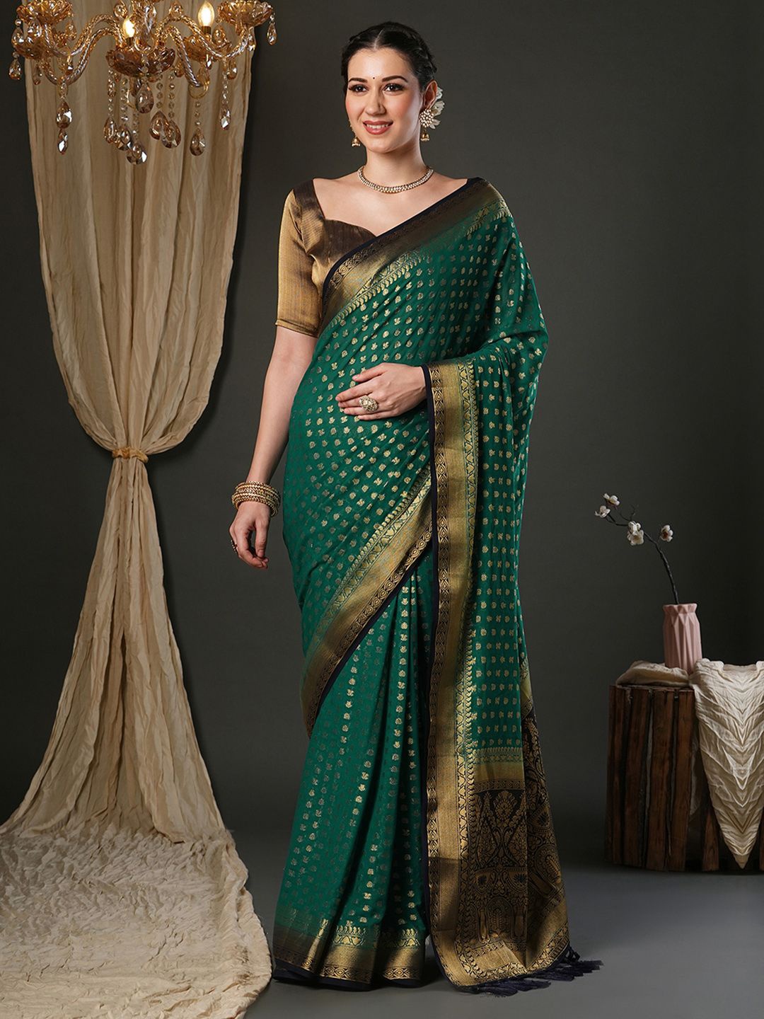 

Anouk Woven Design Zari Pure Georgette Kanjeevaram Saree, Teal