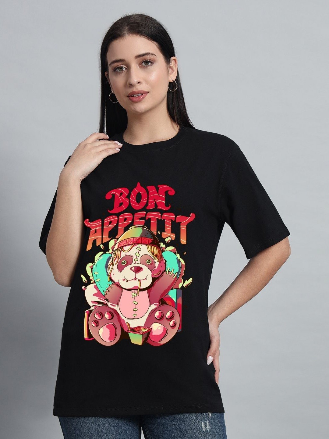 

N1F FASHION Women Drop-Shoulder Sleeves T-shirt, Black