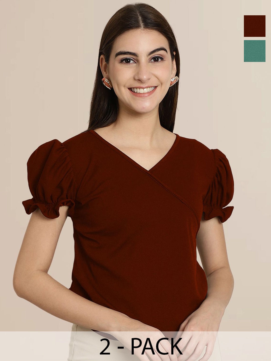 

Tromko Women Pack of 2 Puff Sleeve Wrap Top, Maroon