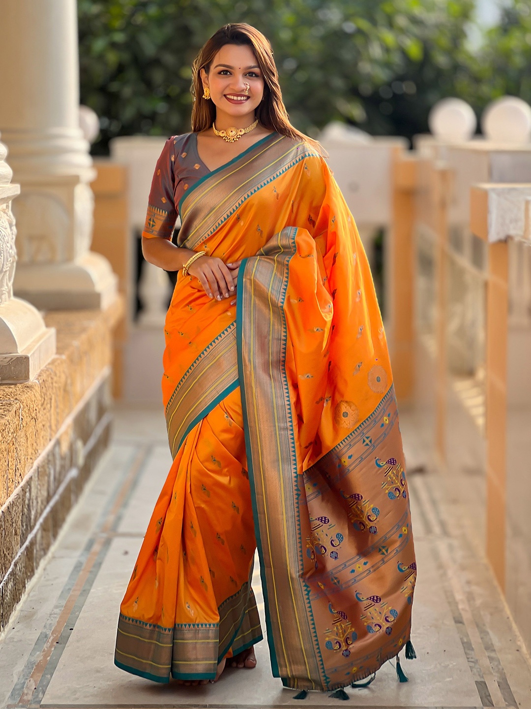 

Ekta Textiles Woven Design Zari Pure Silk Paithani Saree, Mustard