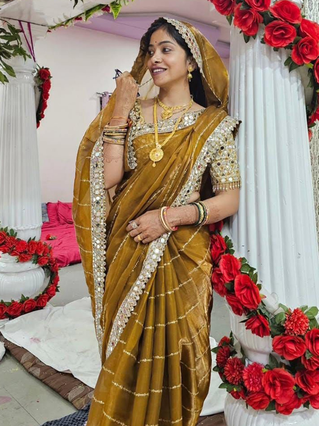 

MANSUBHA Embellished Mirror Work Tissue Banarasi Saree, Mustard