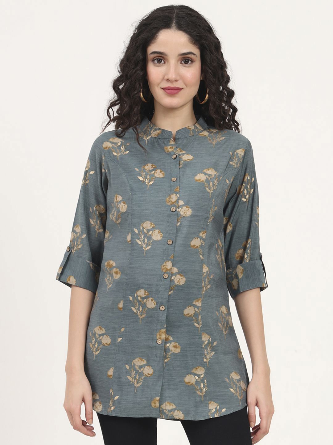 

KALINI Floral Print Mandarin Collar Roll-Up Sleeves Top, Grey