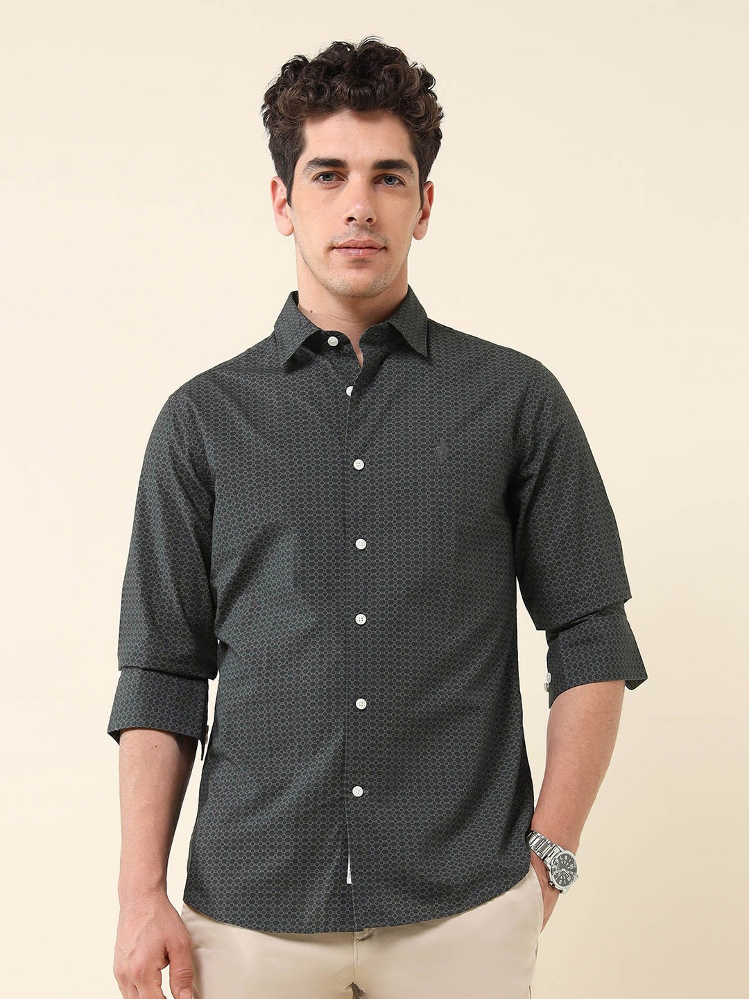 

U.S. Polo Assn. Men Classic Tailored Fit Opaque Printed Casual Shirt, Grey