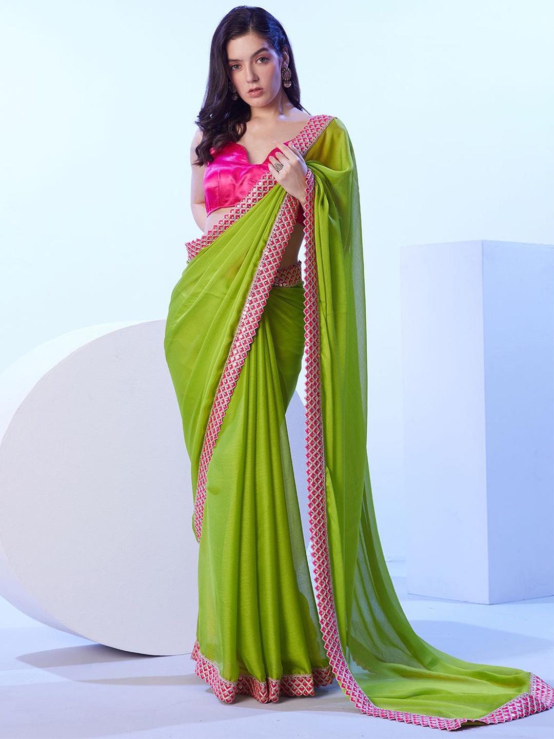 

Kalista Sequinned Pure Chiffon Saree, Fluorescent green