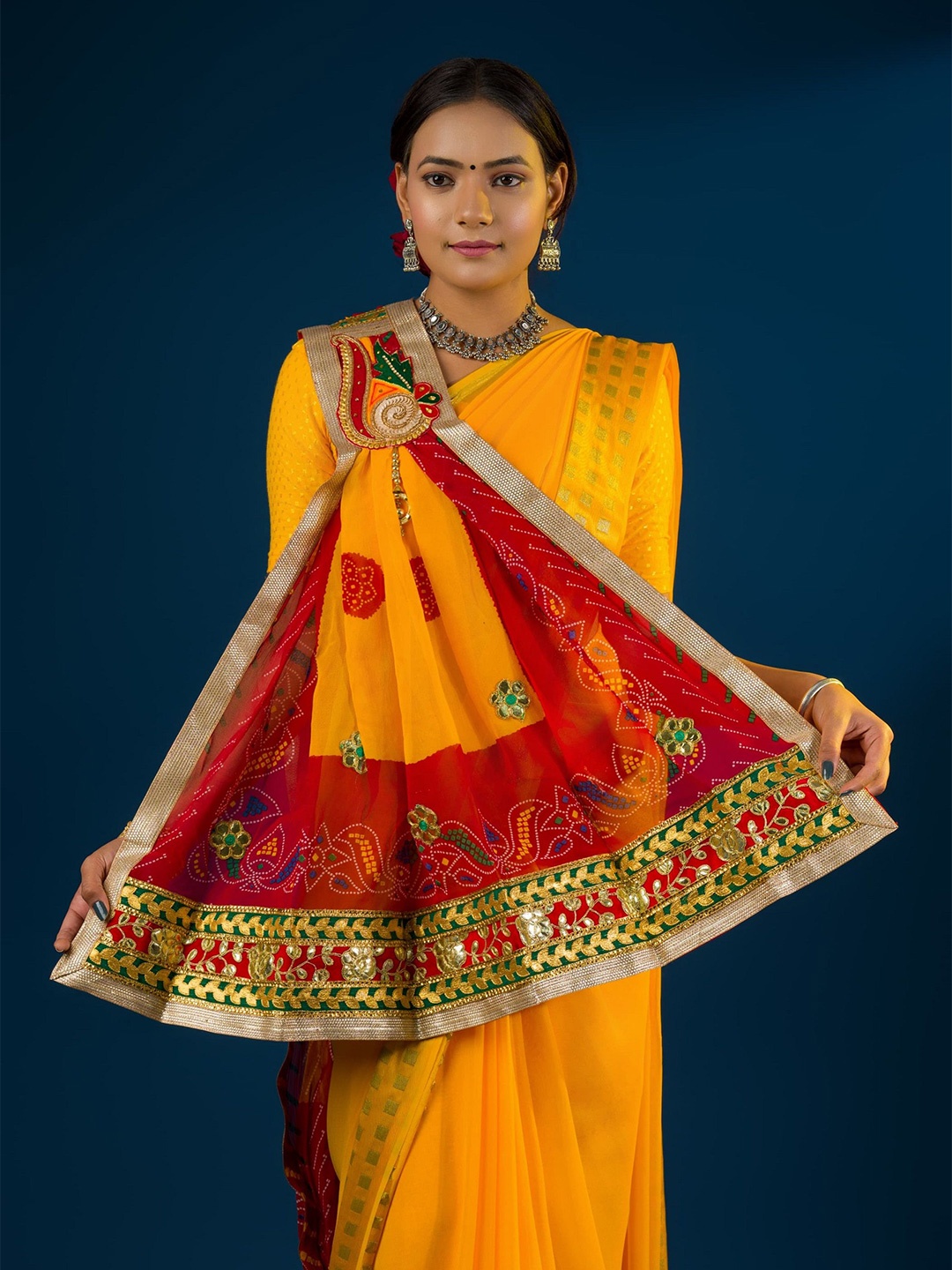 

KCPC BANDHANI Embroidered Dupatta with Beads and Stones, Red