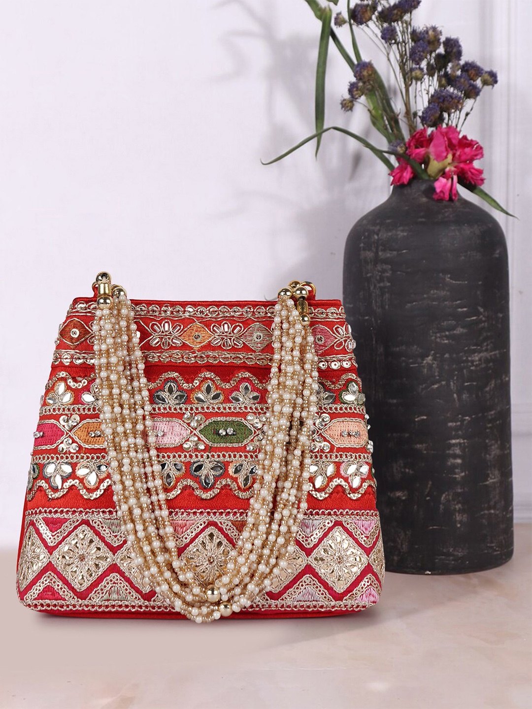 

PLANX Embroidered Box Clutch, Red