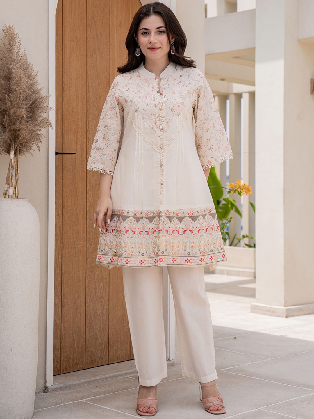 

FREYAA Embroidered Pure Cotton Top & Trousers Co-Ords, Beige