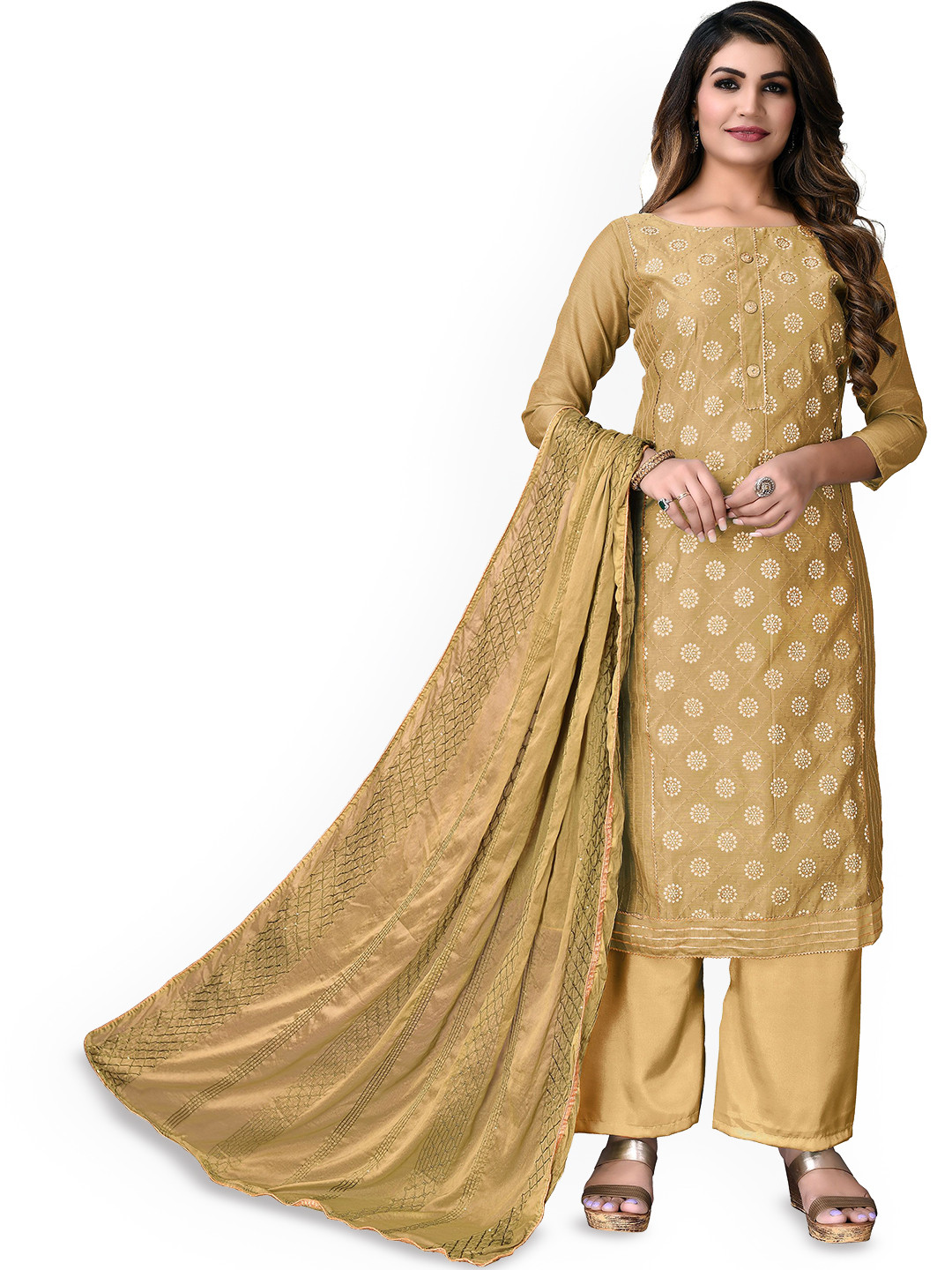 

HERE&NOW Embellished Unstitched Dress Material, Beige