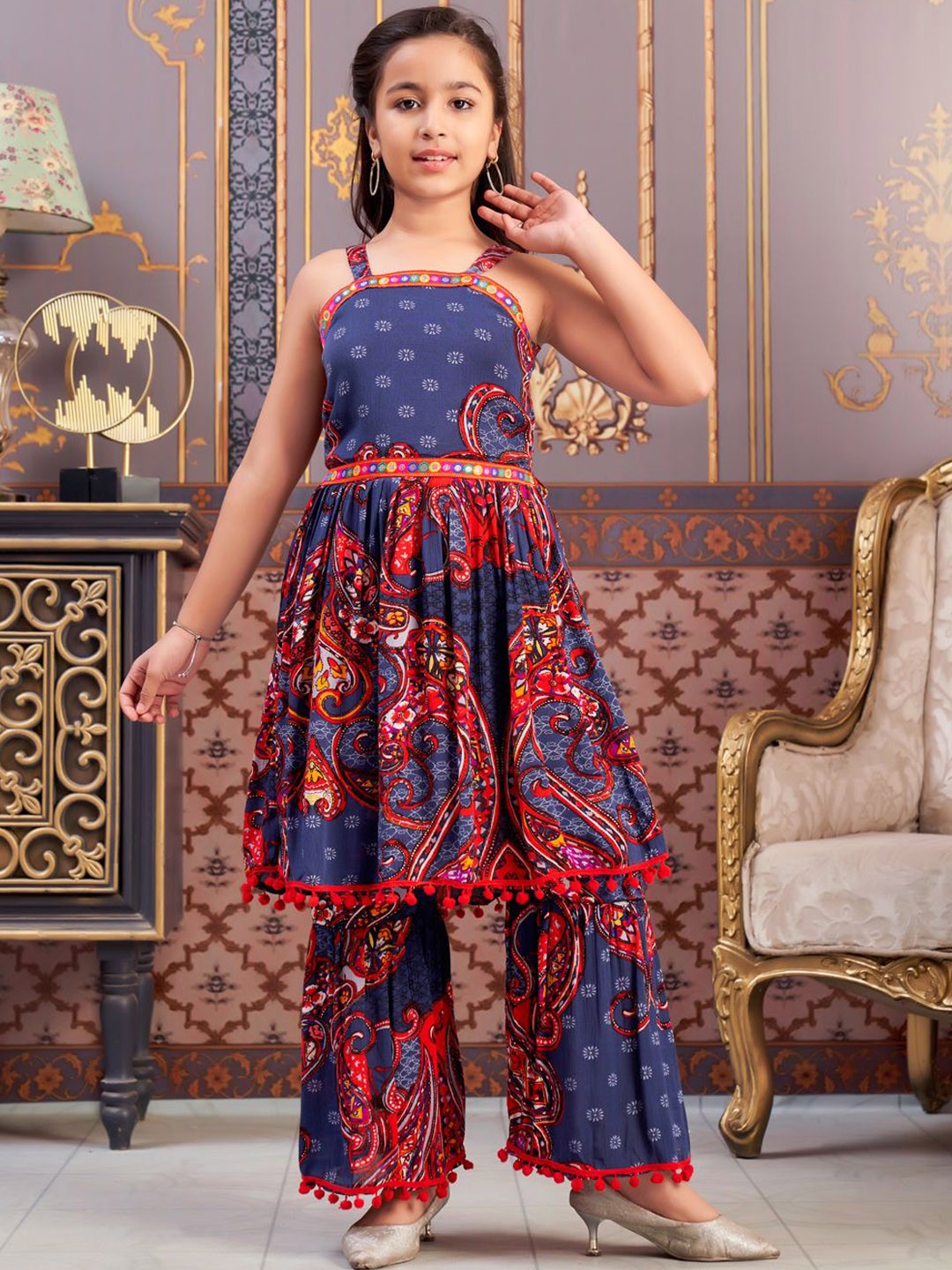 

Sangria Girls Printed Kurta Sharara Set, Navy blue